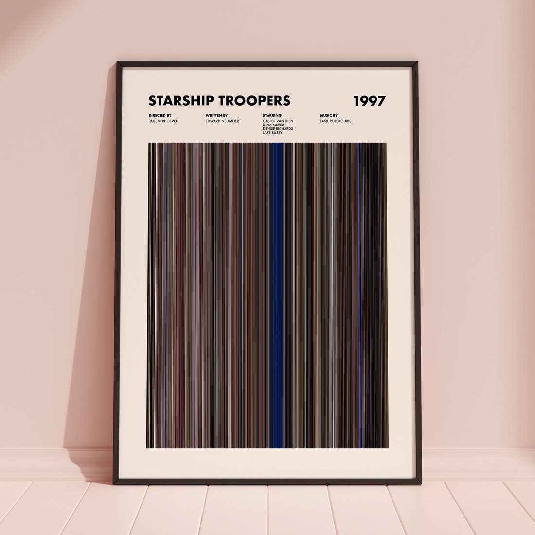 Starship Troopers Movie Barcode Poster framed and leaning against a coloured wall