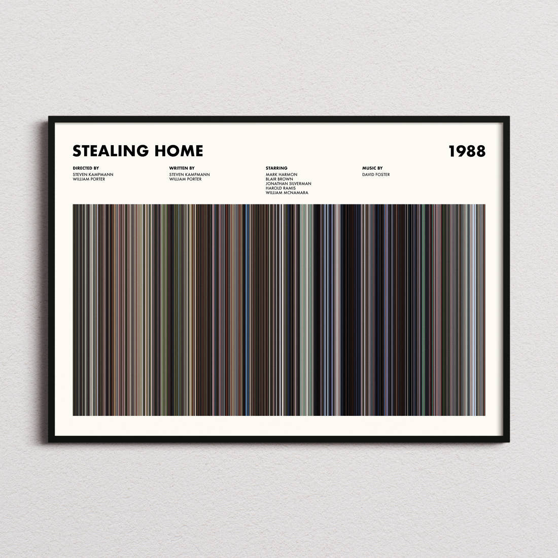 Stealing Home Movie Barcode Poster framed and photographed straight on