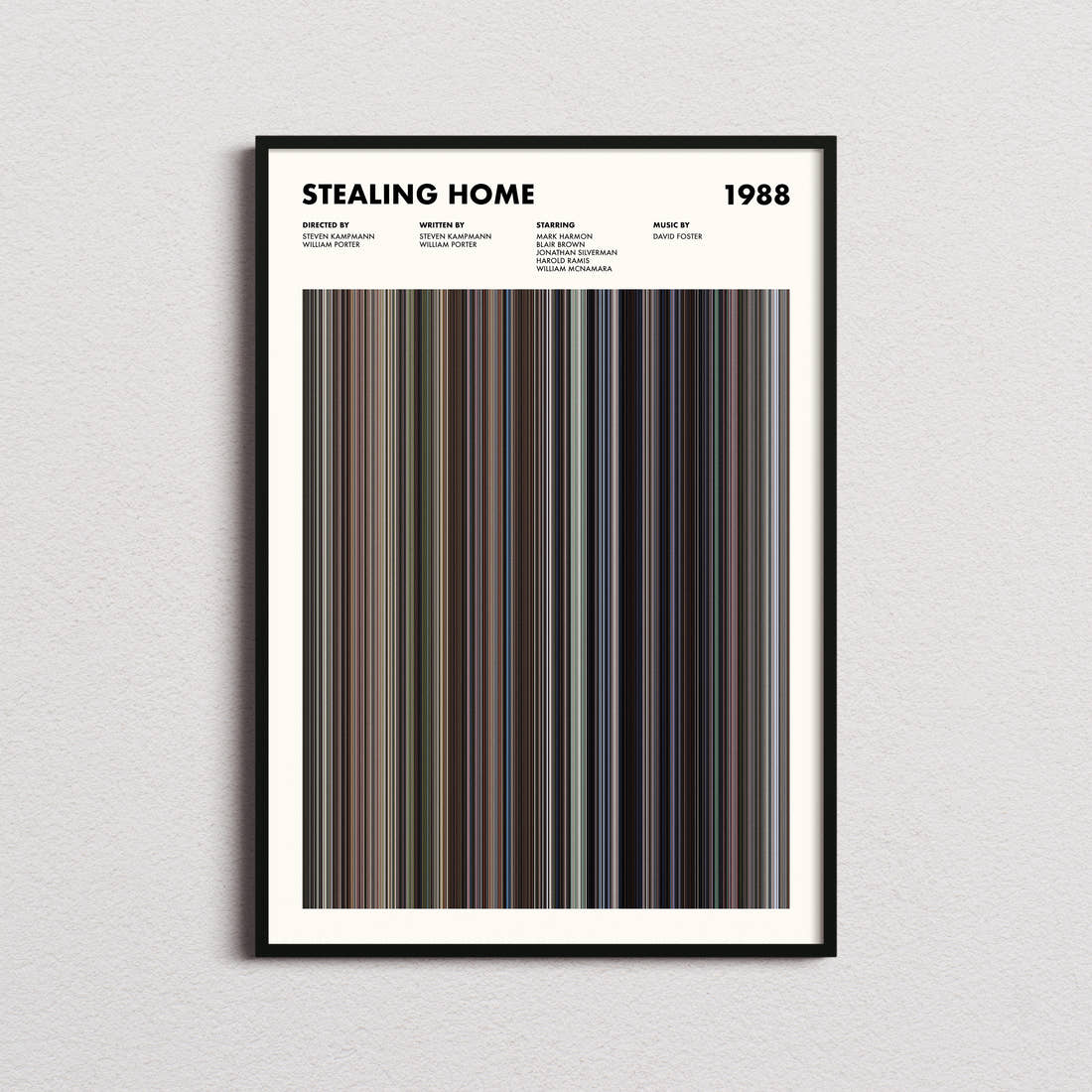 Stealing Home Movie Barcode Poster framed on a plain studio wall