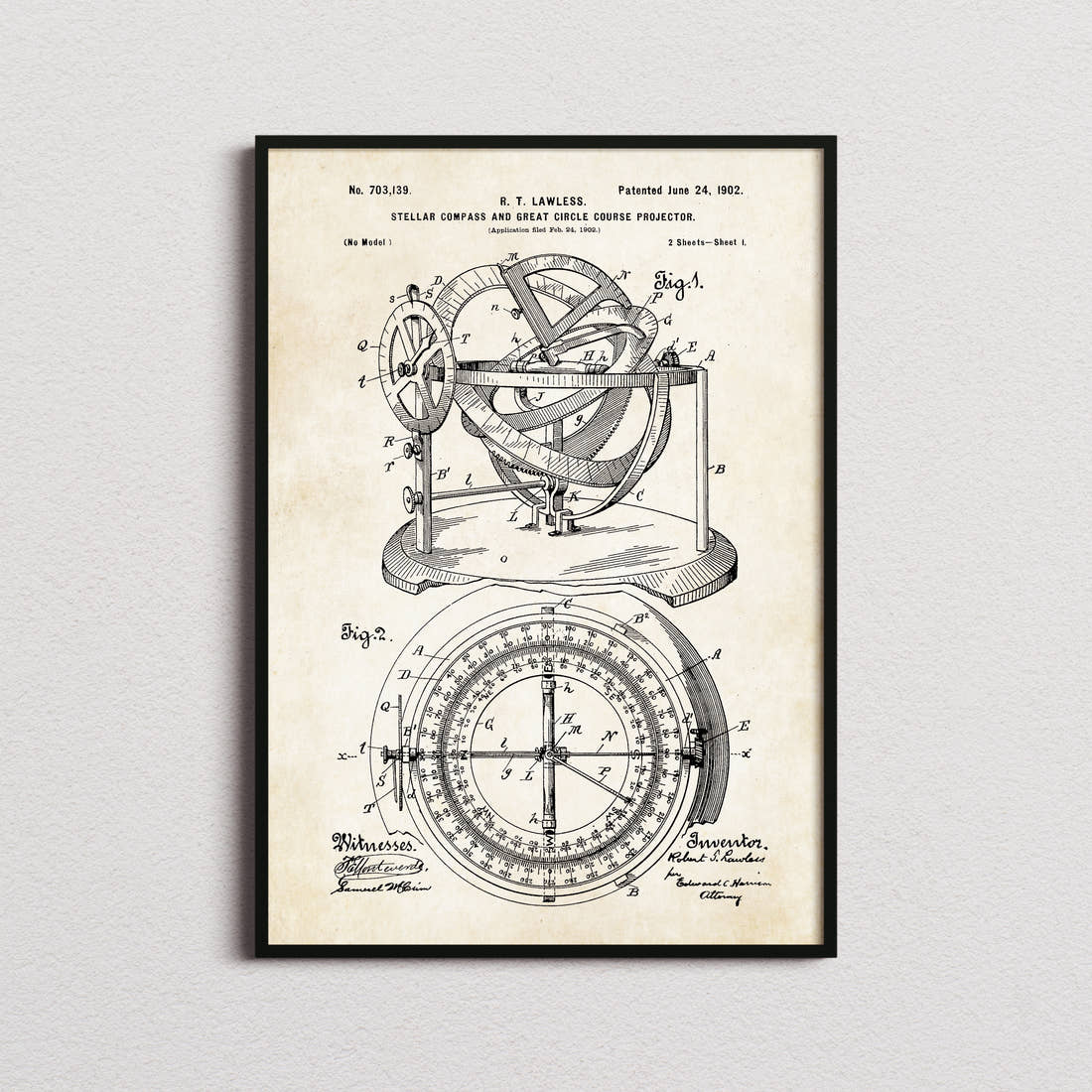 Stellar Compass Patent Print in the aged paper colourway, framed