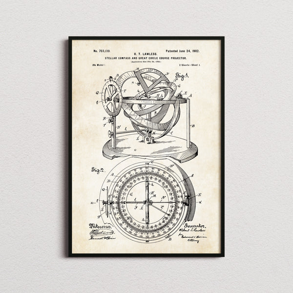 Stellar Compass Patent Print in the aged paper colourway, framed