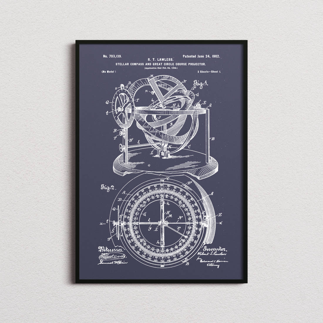 Stellar Compass Patent Print in the navy colourway, framed