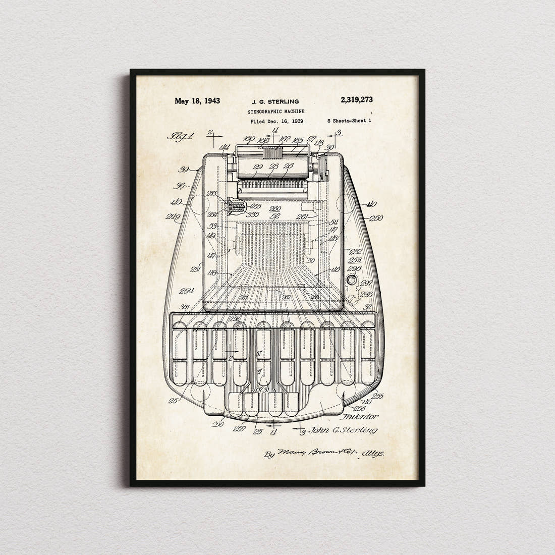 Stenographic Machine Patent Print in the aged paper colourway, framed