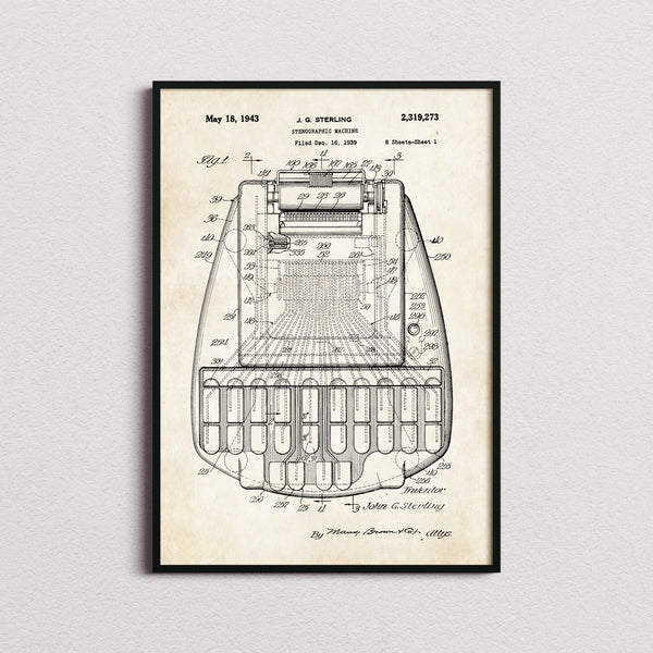 Stenographic Machine Patent Print in the aged paper colourway, framed