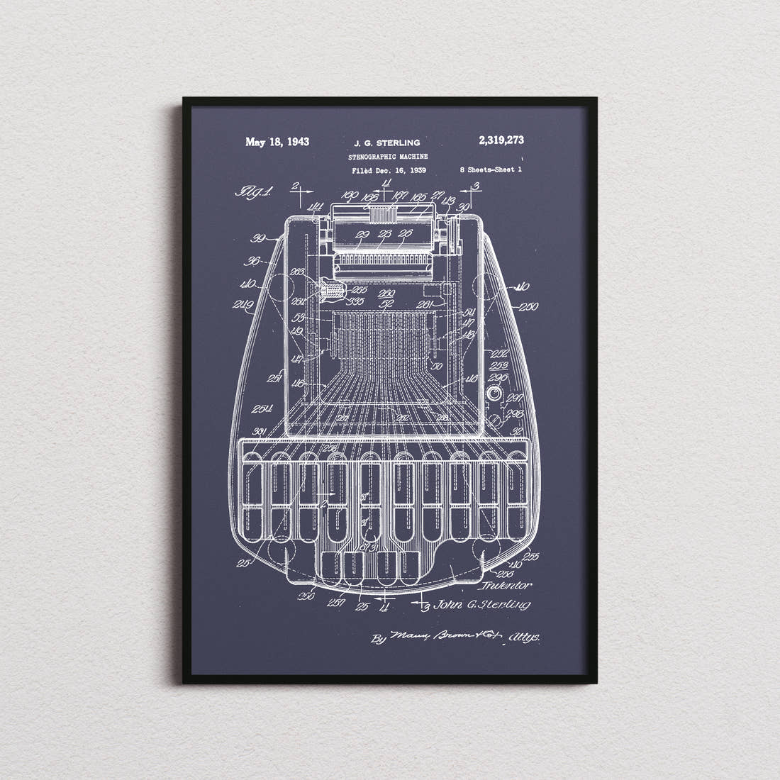 Stenographic Machine Patent Print in the navy colourway, framed