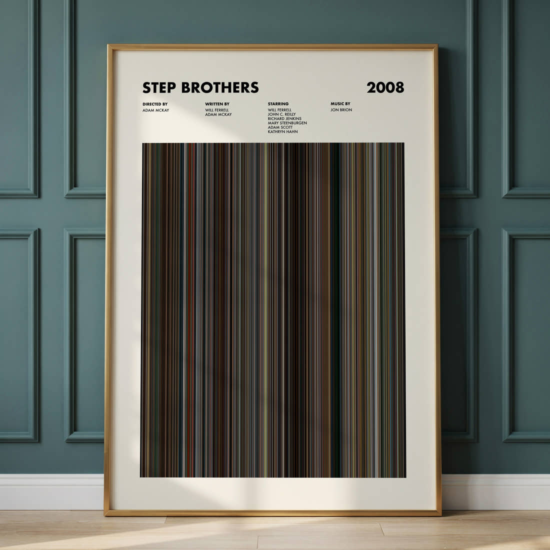 Step Brothers Movie Barcode Poster framed and leaning against a panelled wall