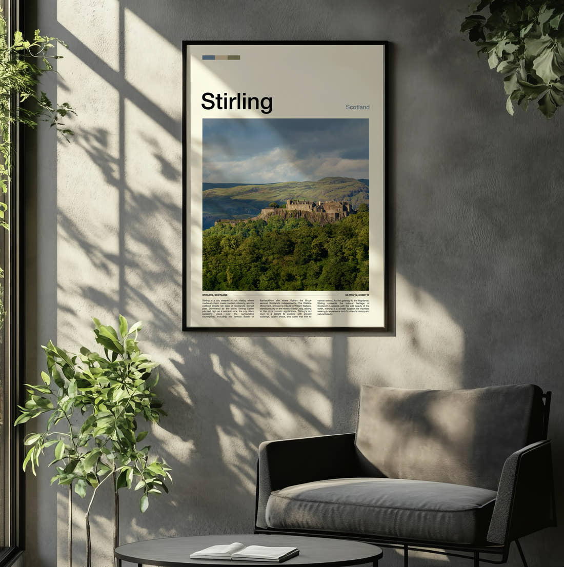 Stirling Stirling Castle Travel Print framed on the wall of a relaxed living room