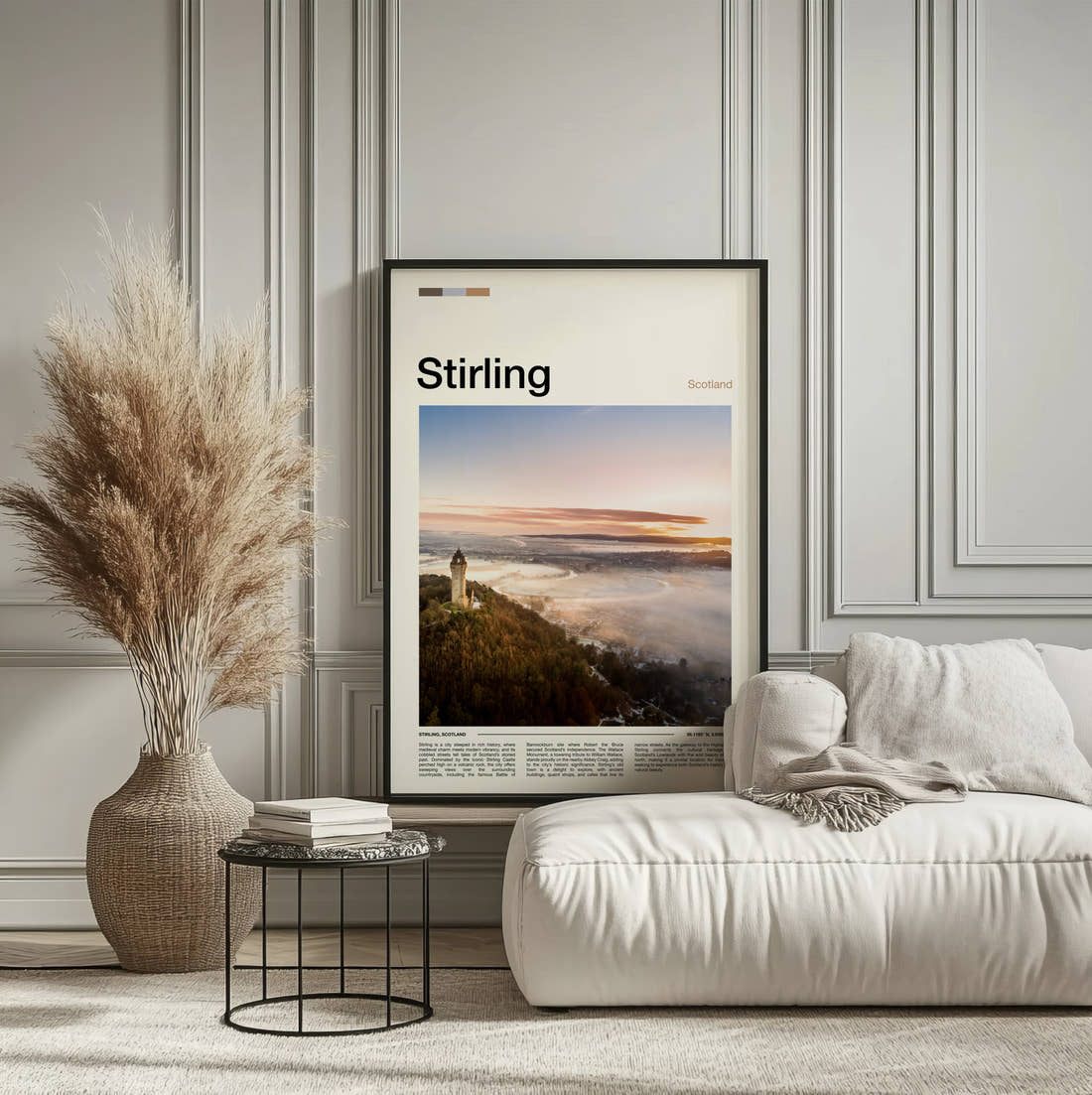 Stirling Wallace Monument Travel Print framed on the wall of a calm, neutral bedroom