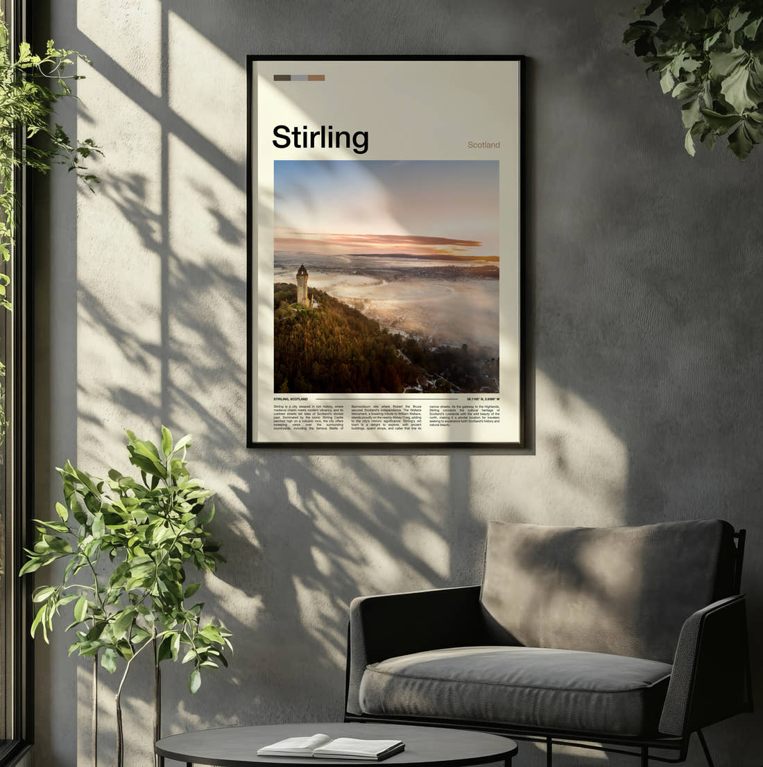 Stirling Wallace Monument Travel Print framed on the wall of a relaxed living room