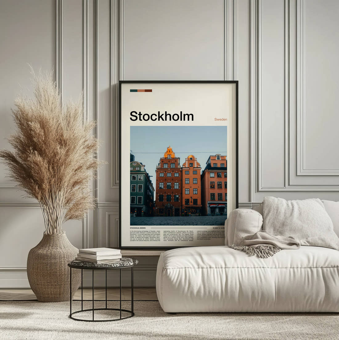 Stockholm Colourful Old Town Houses Travel Print framed on the wall of a calm, neutral bedroom