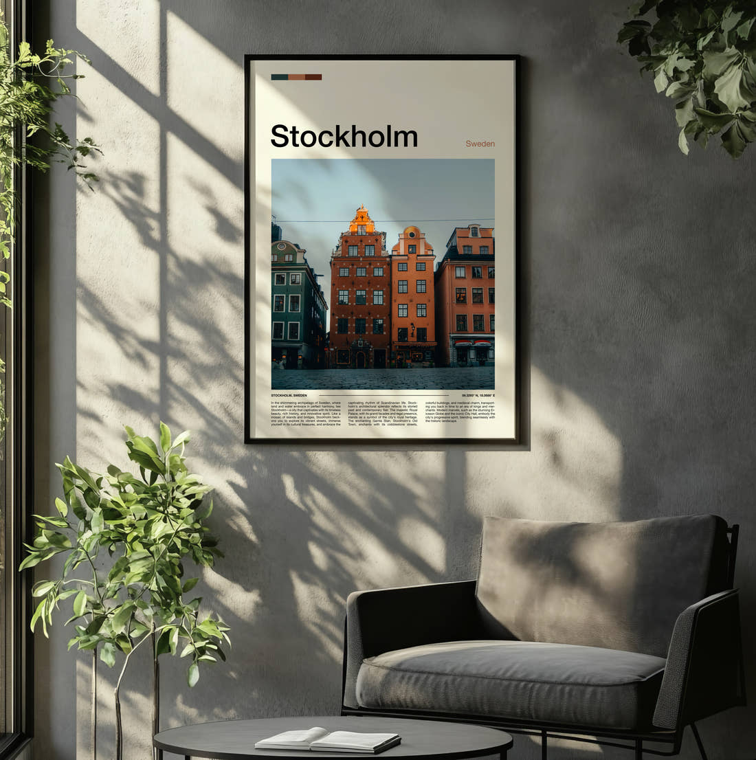 Stockholm Colourful Old Town Houses Travel Print framed on the wall of a relaxed living room