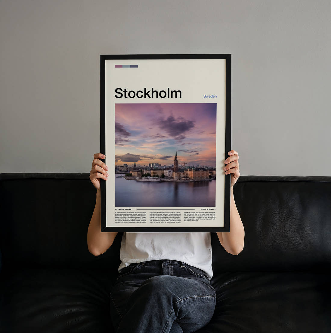 Stockholm Waterfront At Sunset Travel Print held up by hand to show the size of the print