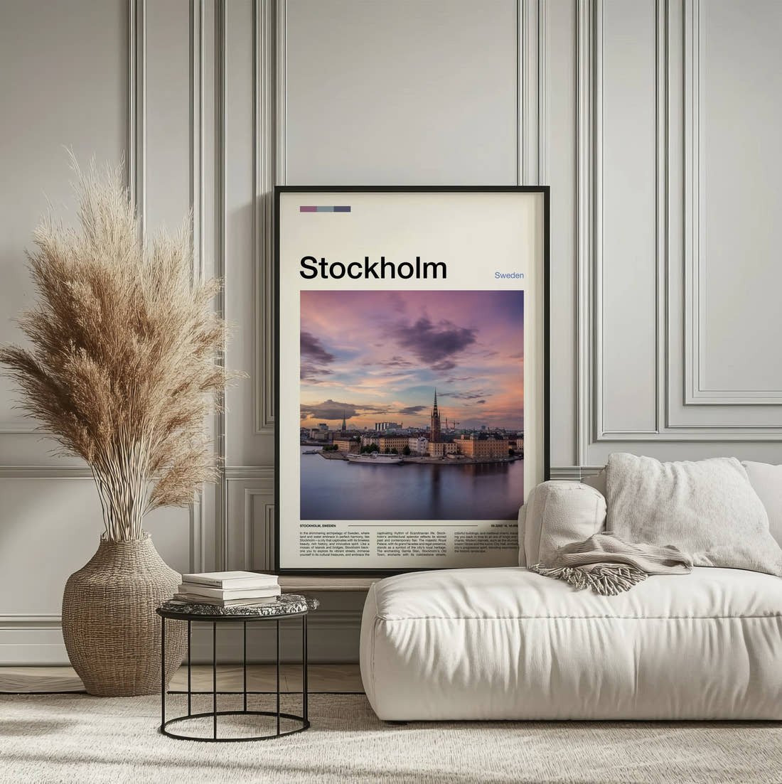 Stockholm Waterfront At Sunset Travel Print framed on the wall of a calm, neutral bedroom