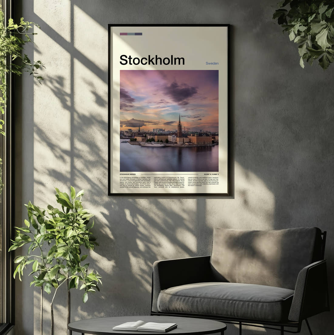 Stockholm Waterfront At Sunset Travel Print framed on the wall of a relaxed living room