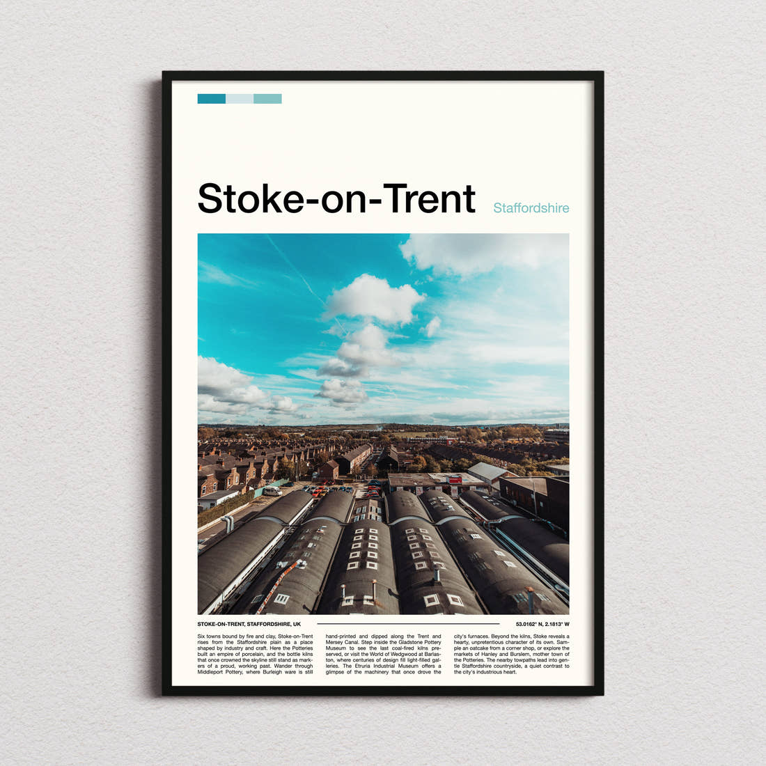 Stoke-on-Trent Bottle Kiln Rooftops Travel Print framed and photographed straight on