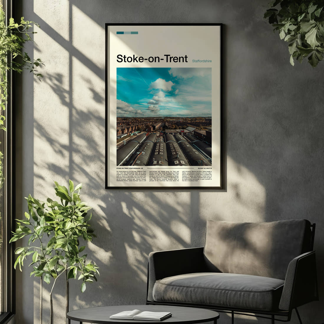 Stoke-on-Trent Bottle Kiln Rooftops Travel Print framed on the wall of a relaxed living room