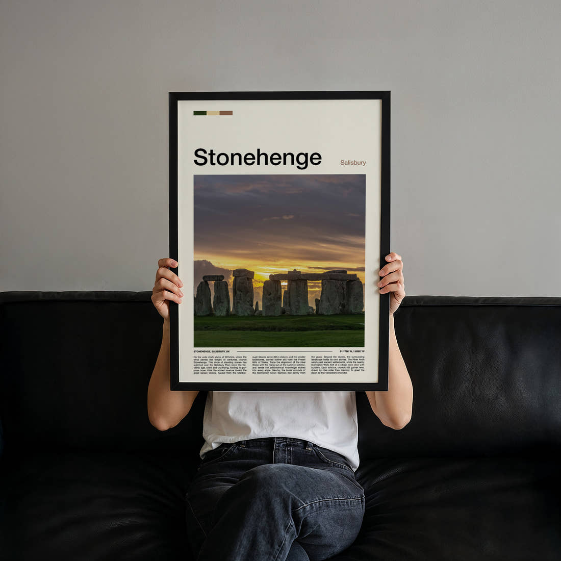 Stonehenge Ancient Stone Circle Travel Print held up by hand to show the size of the print