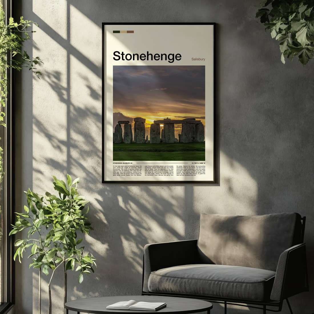 Stonehenge Ancient Stone Circle Travel Print framed on the wall of a relaxed living room