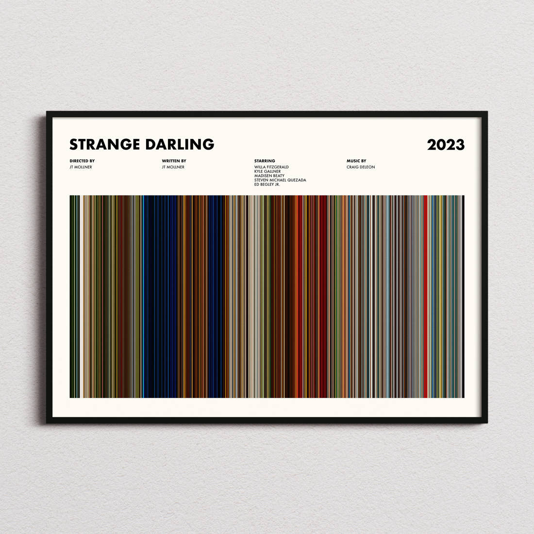 Strange Darling Movie Barcode Poster framed and photographed straight on