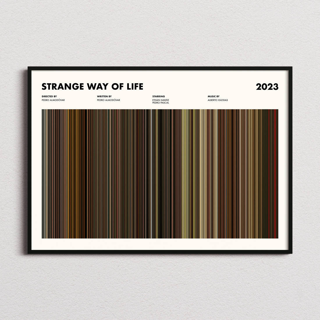 Strange Way of Life Movie Barcode Poster framed and photographed straight on
