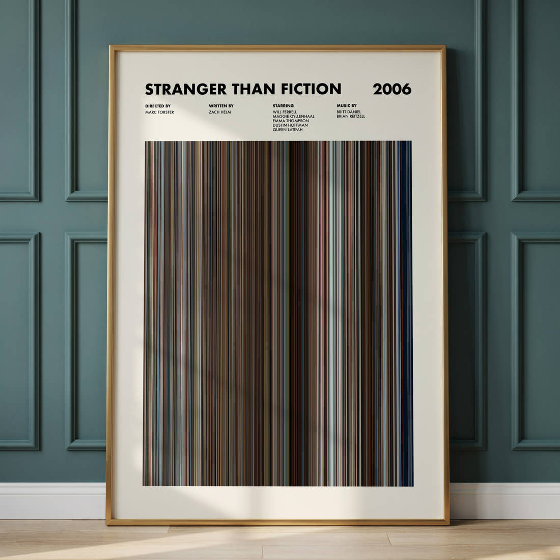 Stranger Than Fiction Movie Barcode Poster framed and leaning against a panelled wall