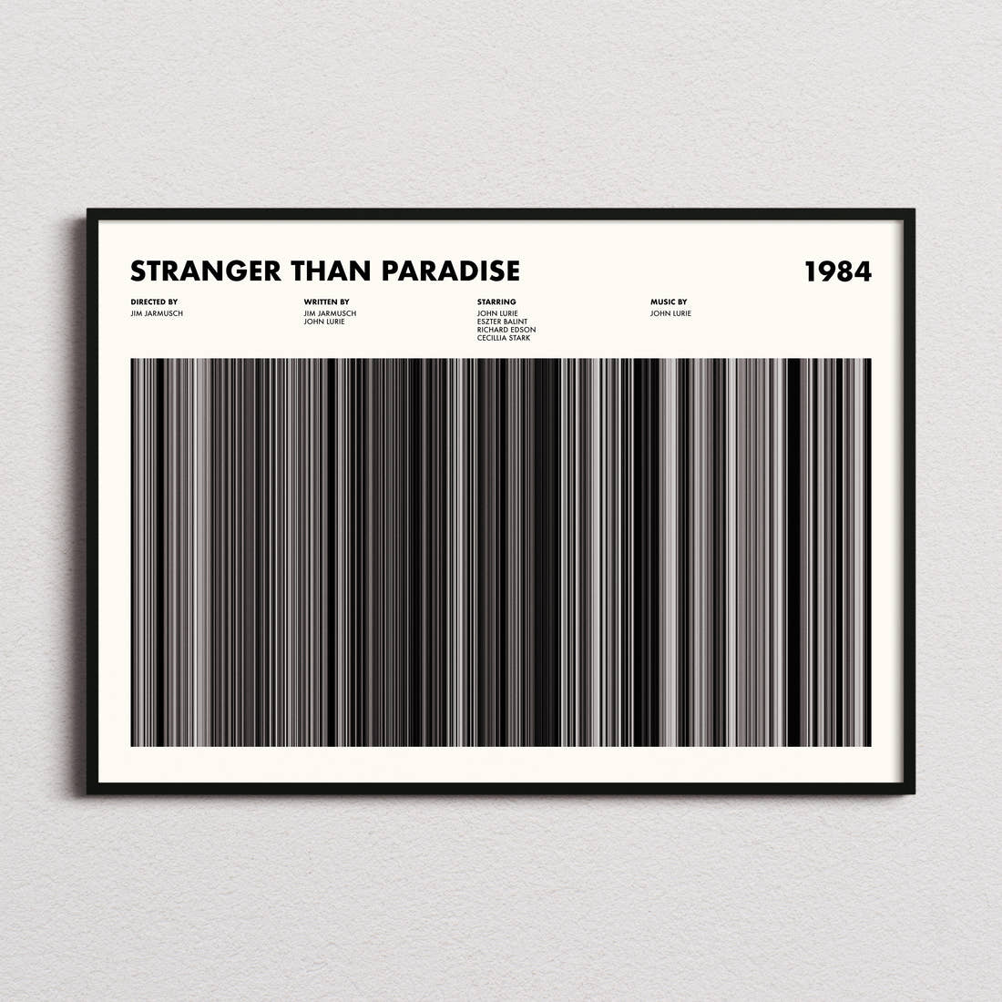 Stranger Than Paradise Movie Barcode Poster framed and photographed straight on
