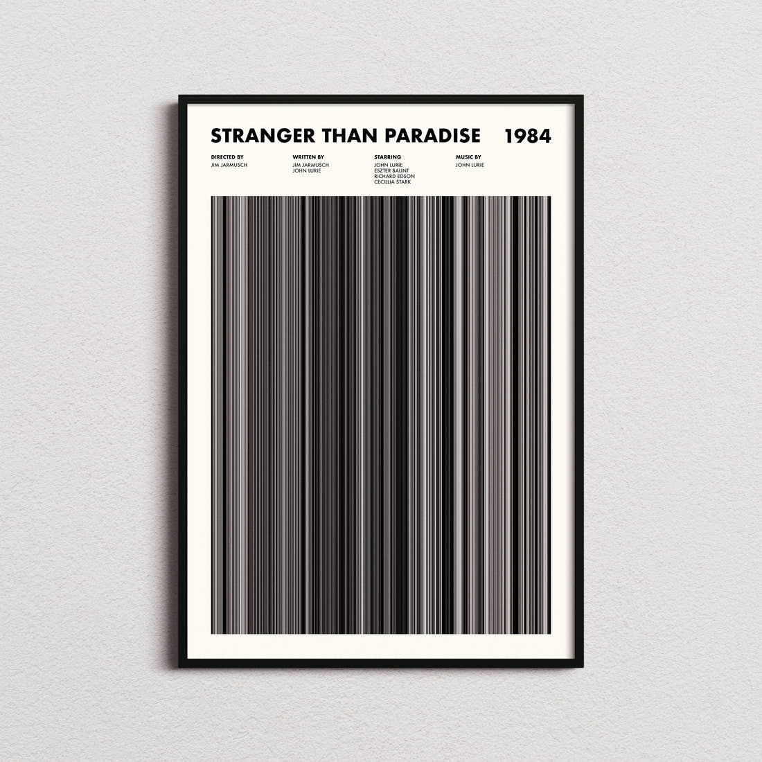 Stranger Than Paradise Movie Barcode Poster framed on a plain studio wall