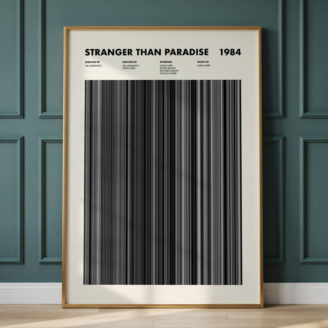 Stranger Than Paradise Movie Barcode Poster framed and leaning against a panelled wall