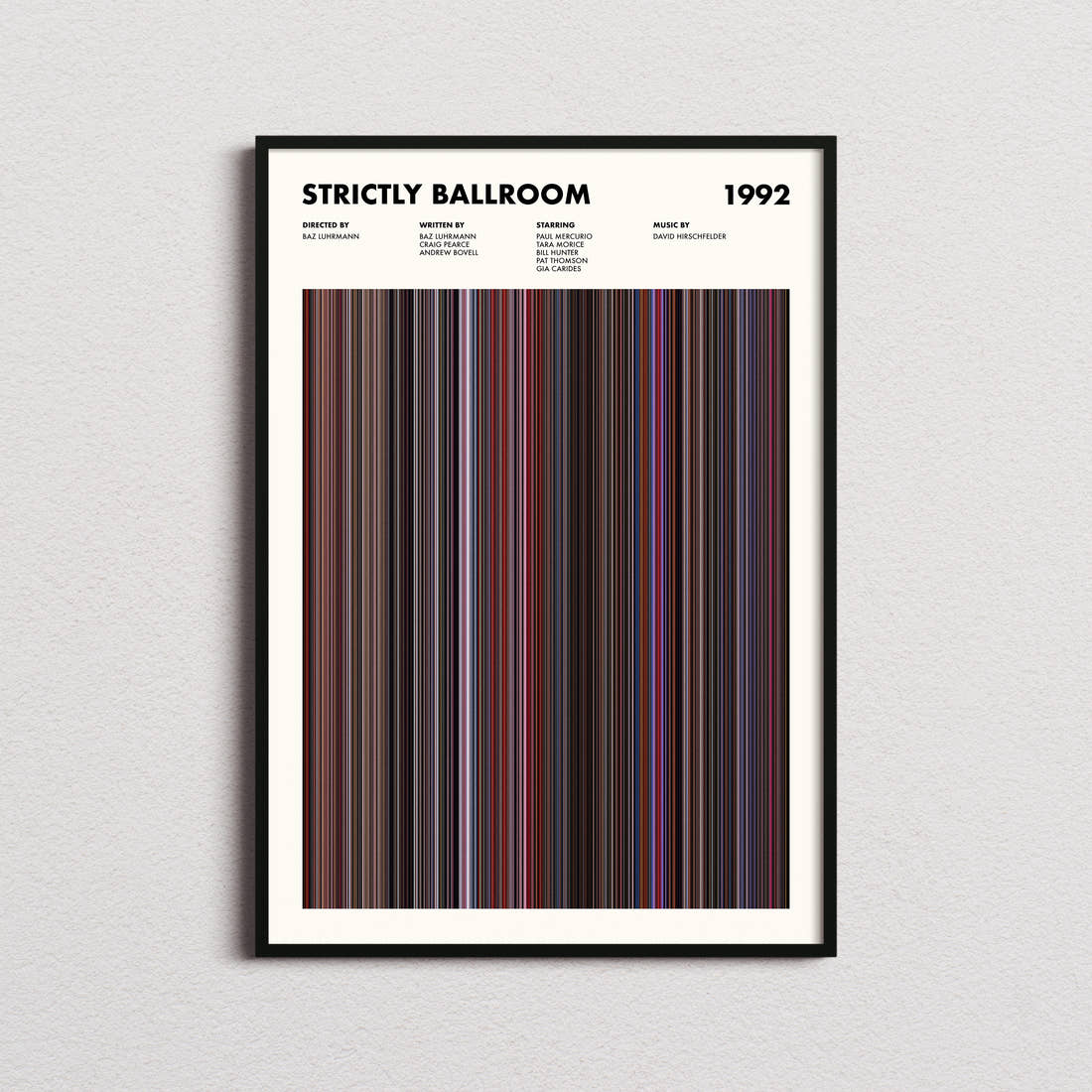 Strictly Ballroom Movie Barcode Poster framed on a plain studio wall