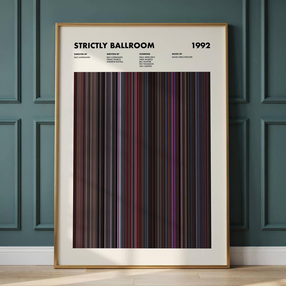 Strictly Ballroom Movie Barcode Poster framed and leaning against a panelled wall