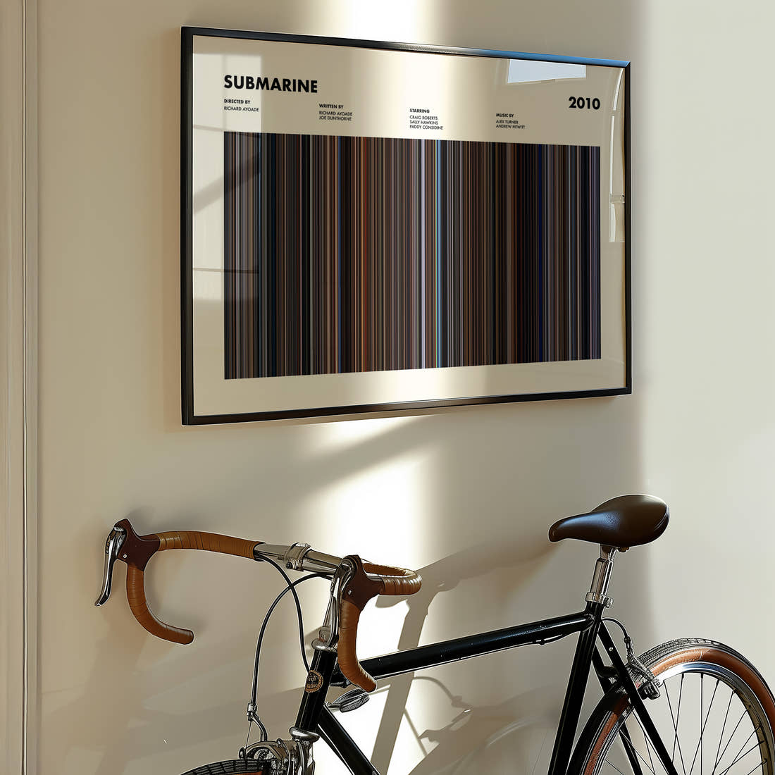 Submarine Movie Barcode Poster framed on the wall of a styled room setting