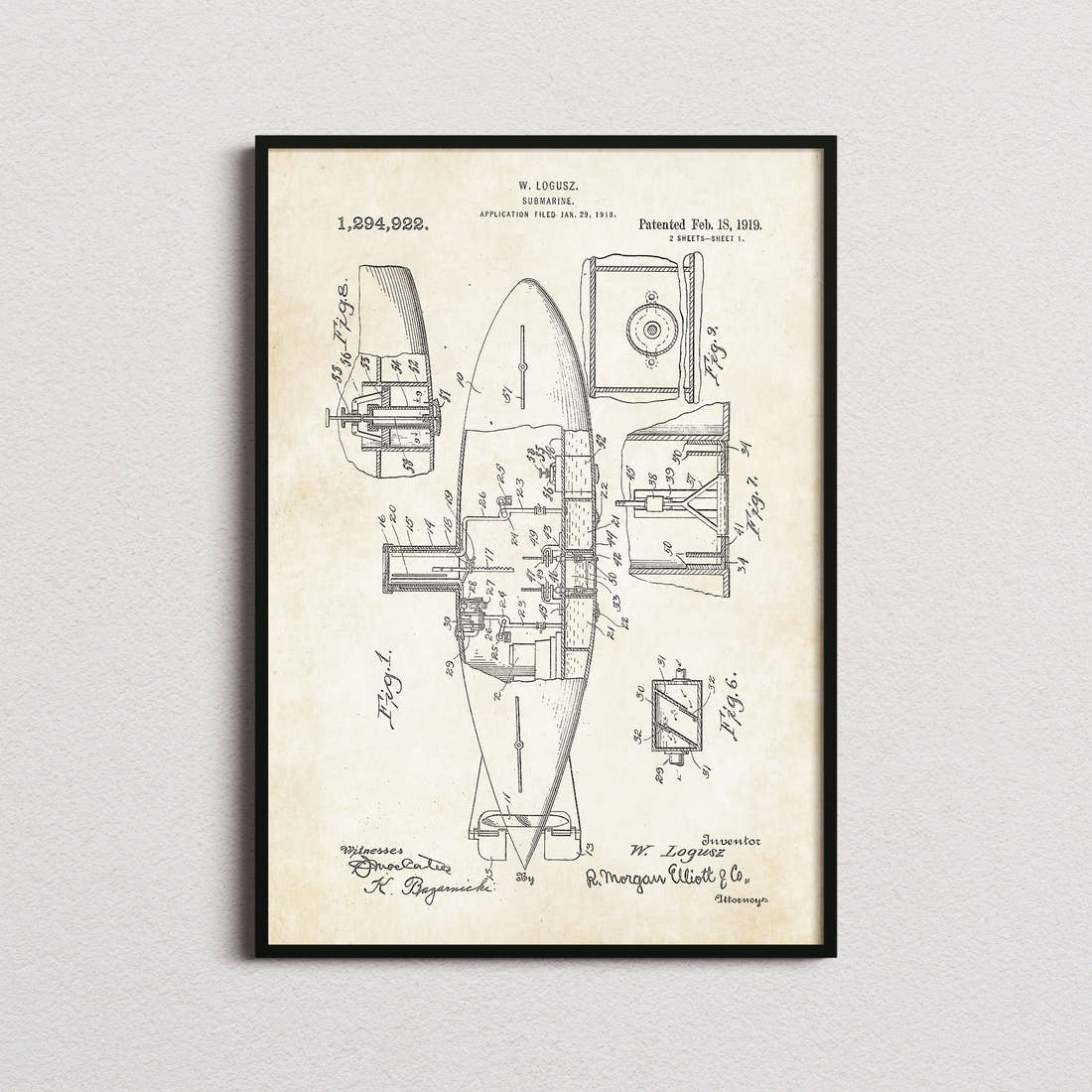 Submarine Patent Print in the aged paper colourway, framed