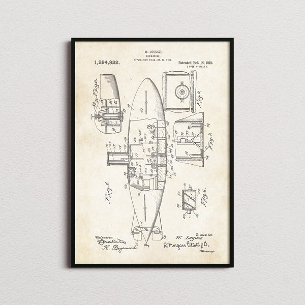 Submarine Patent Print in the aged paper colourway, framed