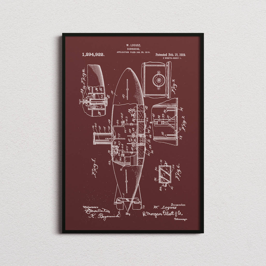 Submarine Patent Print in the burgundy colourway, framed