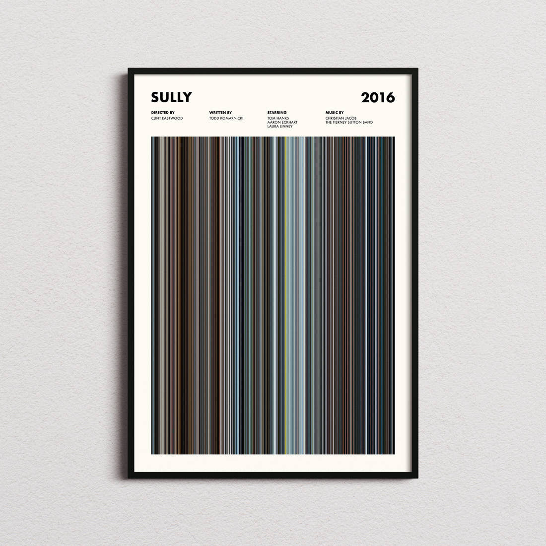Sully Movie Barcode Poster framed on a plain studio wall