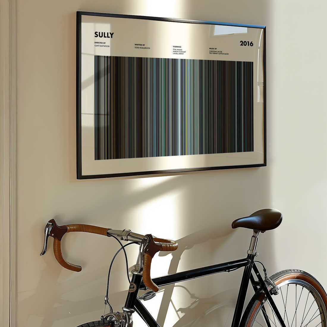 Sully Movie Barcode Poster framed on the wall of a styled room setting