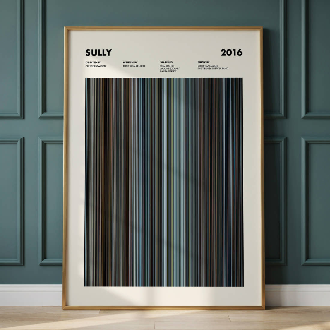 Sully Movie Barcode Poster framed and leaning against a panelled wall