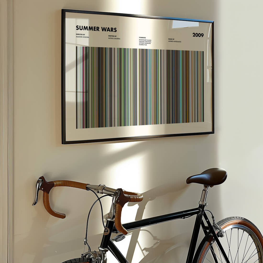 Summer Wars Movie Barcode Poster framed on the wall of a styled room setting