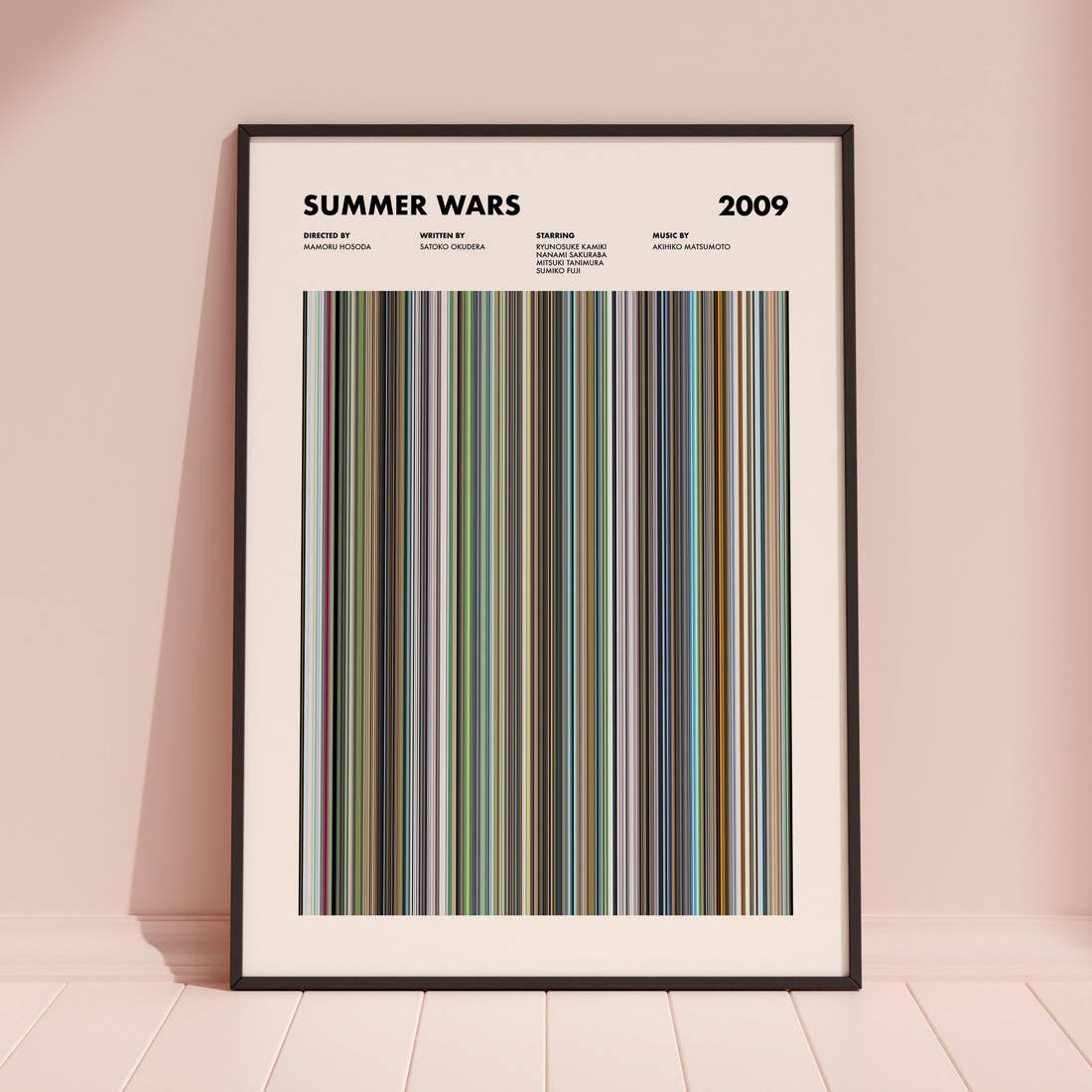 Summer Wars Movie Barcode Poster framed and leaning against a coloured wall