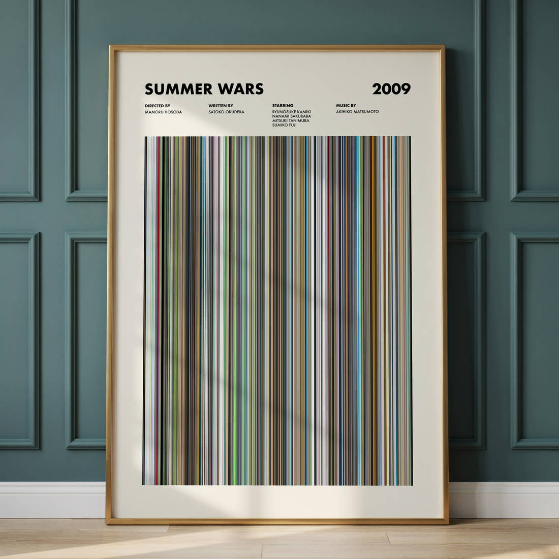 Summer Wars Movie Barcode Poster framed and leaning against a panelled wall