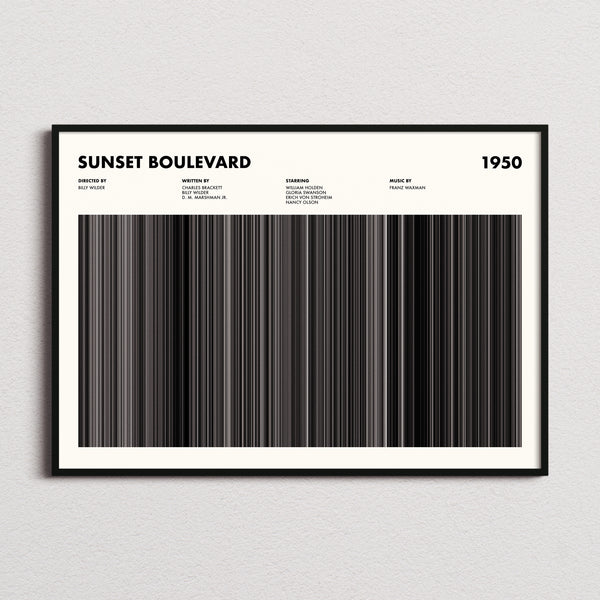 Sunset Boulevard Movie Barcode Poster framed and photographed straight on