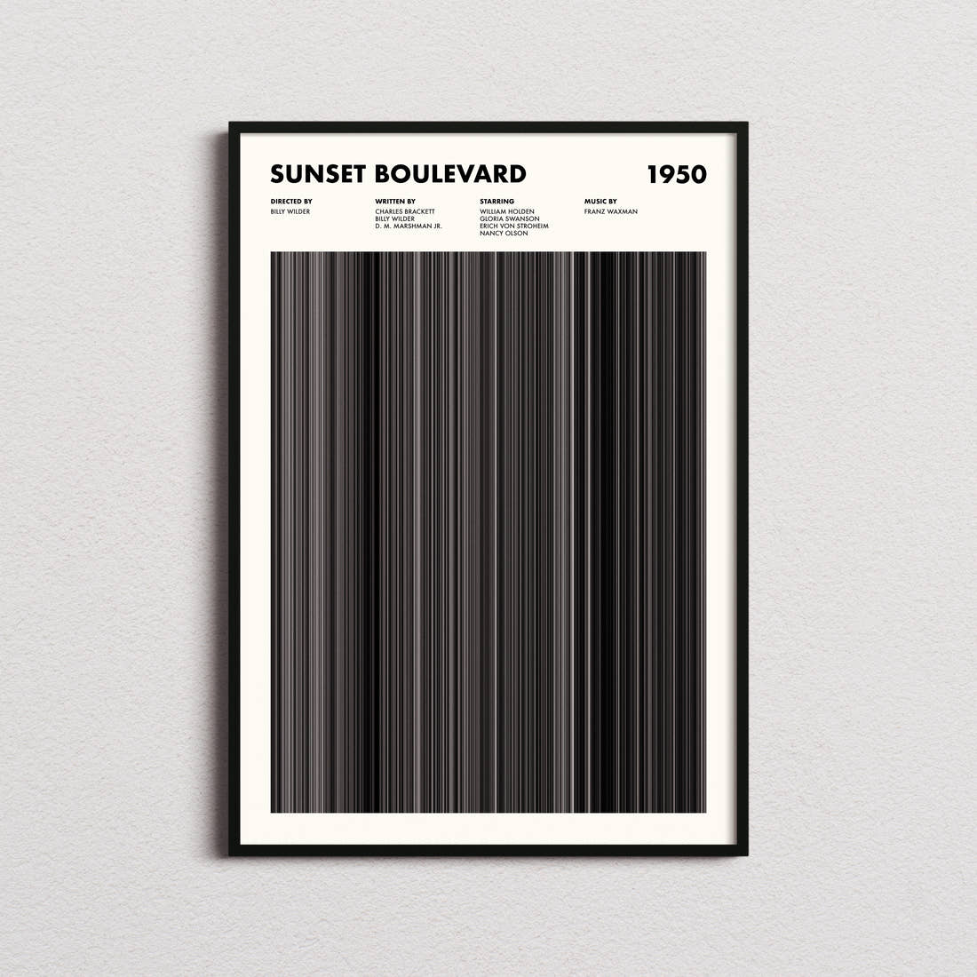 Sunset Boulevard Movie Barcode Poster framed on a plain studio wall