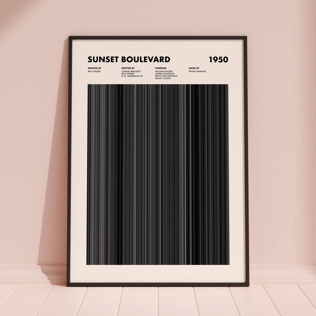 Sunset Boulevard Movie Barcode Poster framed and leaning against a coloured wall