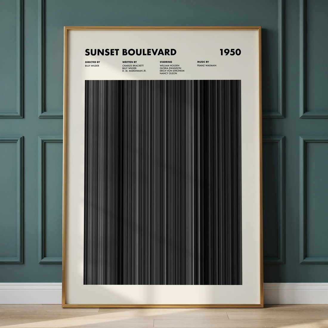 Sunset Boulevard Movie Barcode Poster framed and leaning against a panelled wall