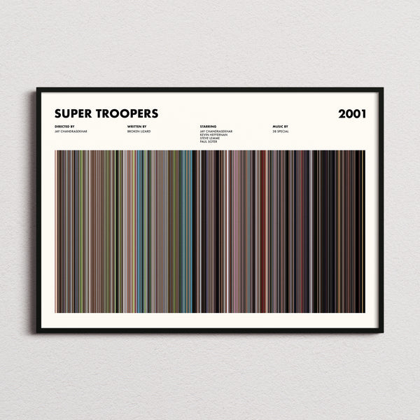 Super Troopers Movie Barcode Poster framed and photographed straight on