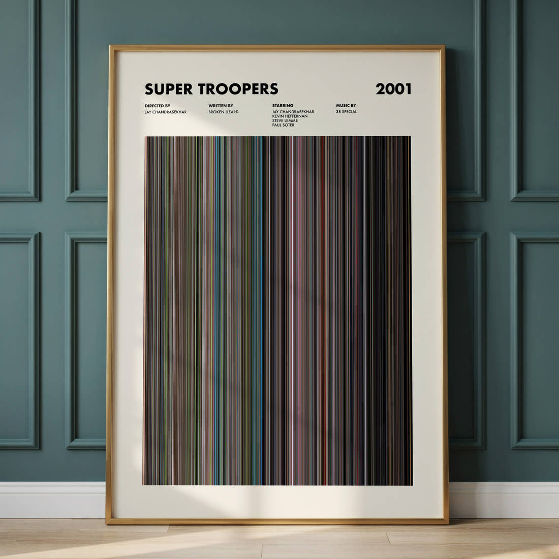 Super Troopers Movie Barcode Poster framed and leaning against a panelled wall