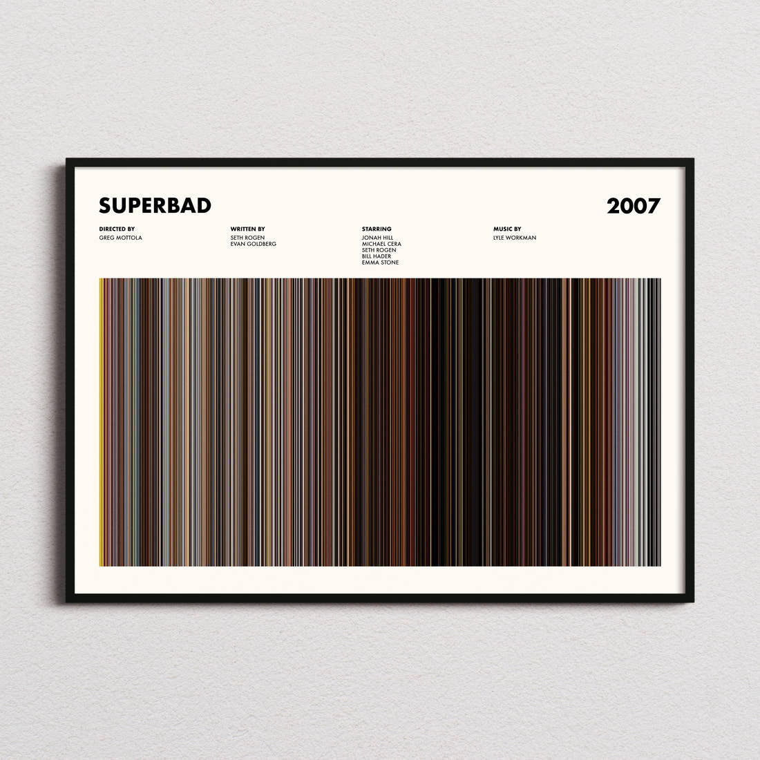 Superbad Movie Barcode Poster framed and photographed straight on