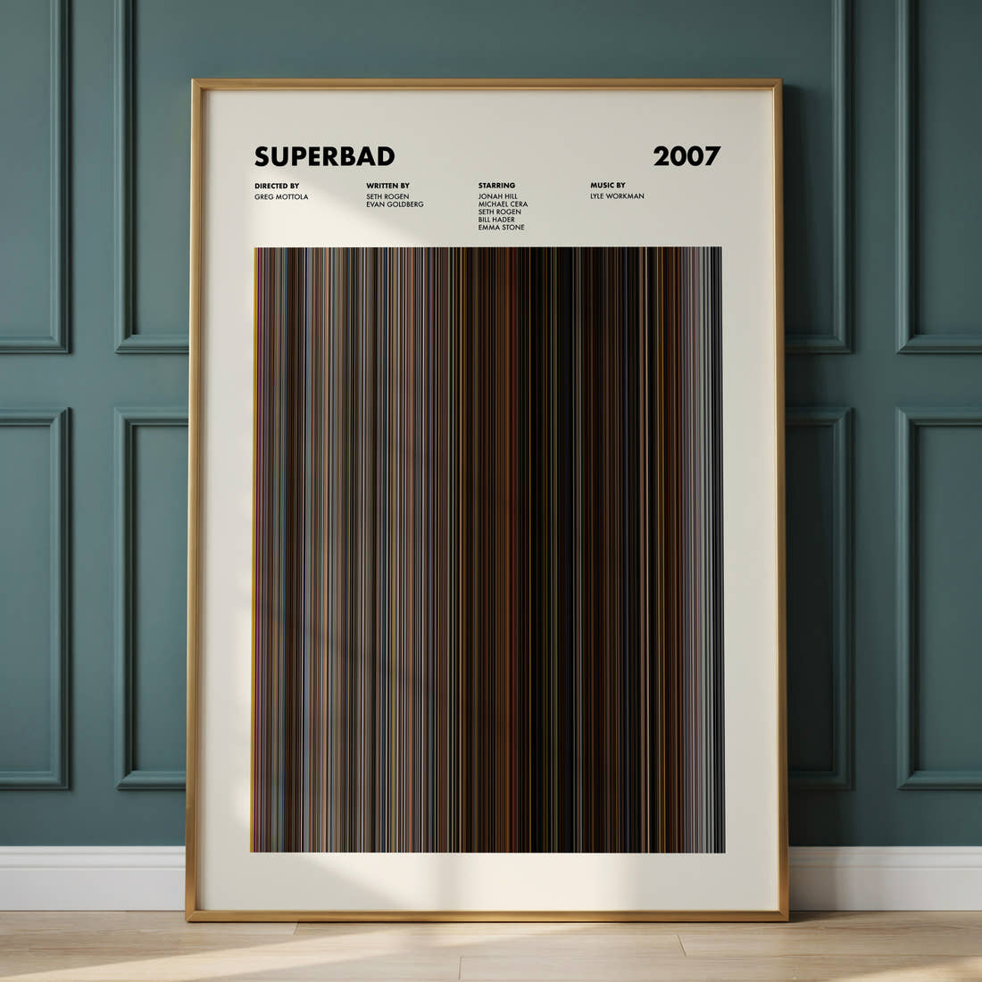 Superbad Movie Barcode Poster framed and leaning against a panelled wall