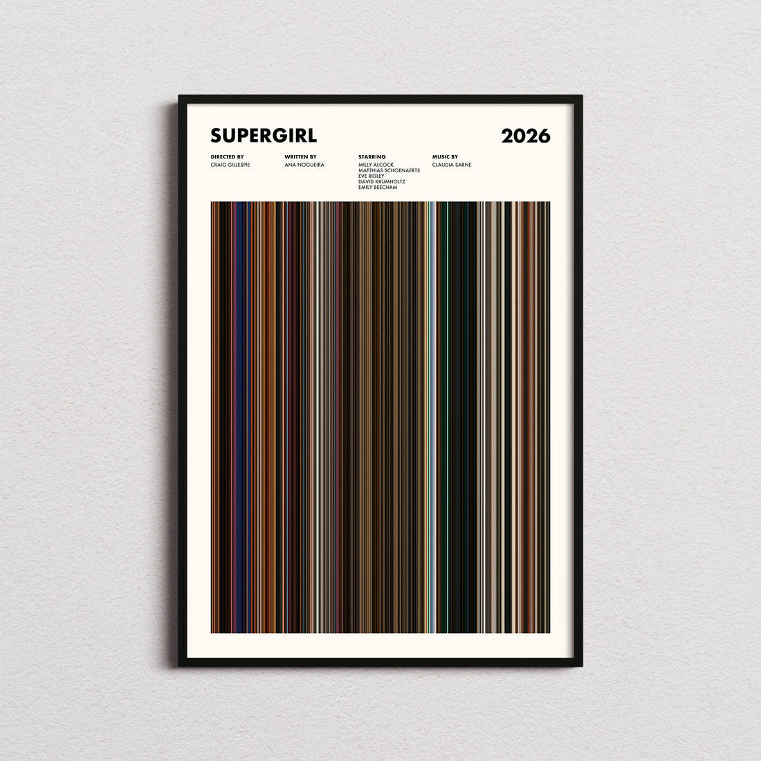 Supergirl Movie Barcode Poster framed on a plain studio wall