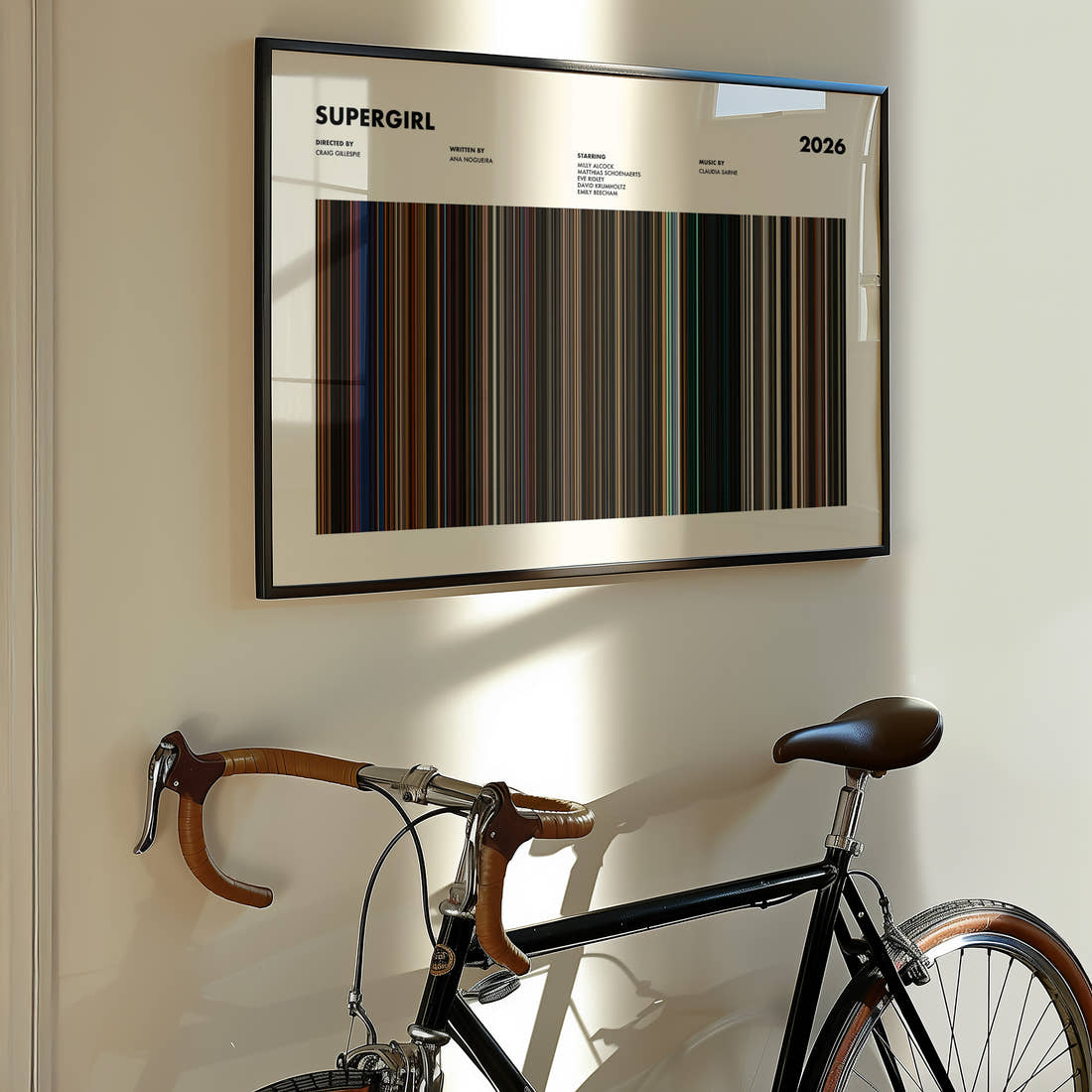 Supergirl Movie Barcode Poster framed on the wall of a styled room setting